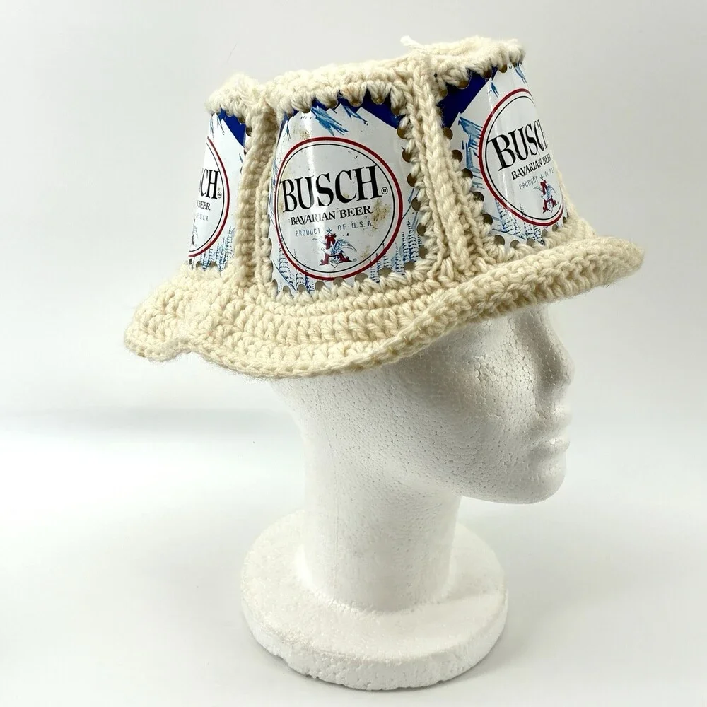 Vintage 1970s Busch Beer Can Crochet Hat Handmade Folk Art (S)